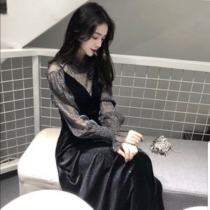 NEW Korean Fashion Glitter Long Sleeve Top + Velvet Midi Dress